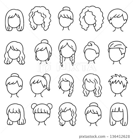 Collection of diverse hairstyle vector illustrations featuring various styles such as curly, straight, and short. Ideal for design projects 136412628