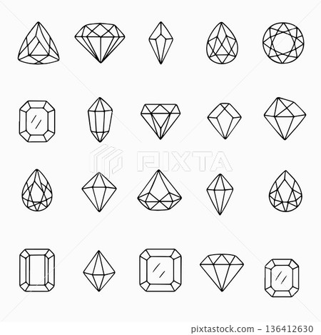 Vector illustration featuring various geometric gemstone shapes, each uniquely represented with clear, precise lines. Ideal for jewelry design, graphics, or educational purposes. 136412630