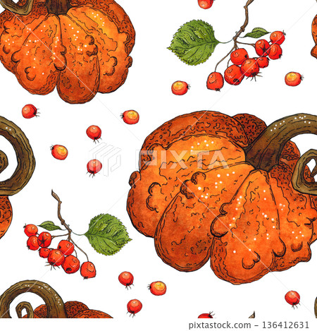 Seamless pattern of pumpkins and hawthorn berries. Hand drawn illustration with watercolor and ink. Drawing for printing on fabric, paper, scrapbooking. Autumn, harvest, vegetables, food, vitamins 136412631