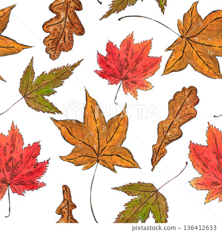Seamless pattern of maple leaves. Hand drawn illustration with watercolor and ink. Drawing for poster, tableware, postcards, scrapbooking. Autumn, tree, foliage, orange 136412633