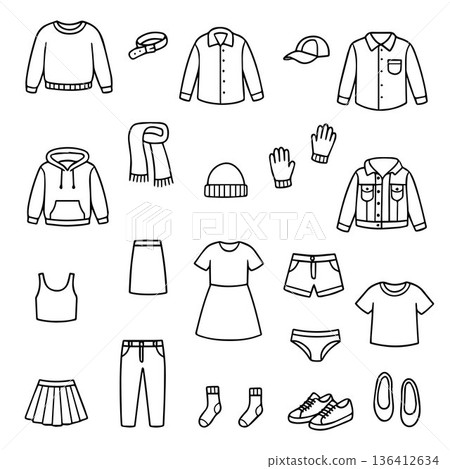 Vector illustration showcasing a variety of outline clothing icons, including shirts, pants, skirts, and accessories. Ideal for design projects needing simple and clear clothing representations. 136412634