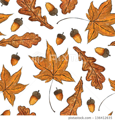 Seamless pattern of maple leaves acorns. Hand drawn illustration with watercolor and ink. Drawing for poster, tableware, cards, scrapbooking. Autumn, tree, ocher, foliage, nut 136412635