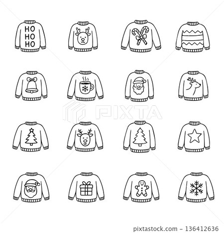 Vector illustration of 16 festive Christmas sweaters with whimsical holiday designs including Santa, reindeer, trees, and gifts, perfect for holiday-themed projects and designs. Vector illustration of 16 festive Christmas sweaters with whimsical holiday designs including Santa, reindeer, trees, and gifts, perfect for holiday-themed projects and designs. 136412636