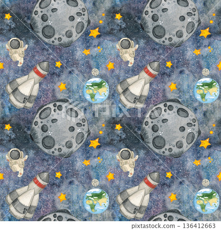 Seamless pattern, outer space in which an astronaut, moon, earth and stars fly. Hand drawn watercolor illustration. Space, outer space, universe, moon, star Seamless pattern, outer space in which an astronaut, moon, earth and stars fly. Hand drawn watercolor illustration. Space, outer space, universe, moon, star 136412663