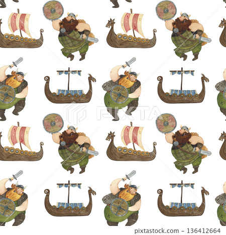 A seamless pattern featuring Vikings, wooden shields and ships, axes, and swords. Hand-drawn watercolor illustration, cartoon, perfect for stickers, cards, and posters. Shield, protection, defense A seamless pattern featuring Vikings, wooden shields and ships, axes, and swords. Hand-drawn watercolor illustration, cartoon, perfect for stickers, cards, and posters. Shield, protection, defense 136412664