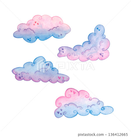 Set of pink clouds, hand drawn watercolor illustration, cartoon. Drawing for scrapbooking, stickers, print. Fairy tale, children, dream, fly, fun, holiday, valentine's day Set of pink clouds, hand drawn watercolor illustration, cartoon. Drawing for scrapbooking, stickers, print. Fairy tale, children, dream, fly, fun, holiday, valentine's day 136412665
