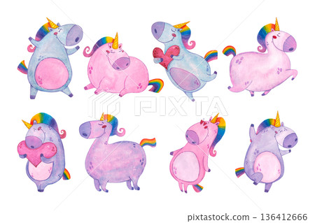 Set of different unicorn characters, hand drawn watercolor illustration, cartoon. Drawing for scrapbooking, stickers, print. Fairy tale, children, lilac, valentine's day, love, dream Set of different unicorn characters, hand drawn watercolor illustration, cartoon. Drawing for scrapbooking, stickers, print. Fairy tale, children, lilac, valentine's day, love, dream 136412666