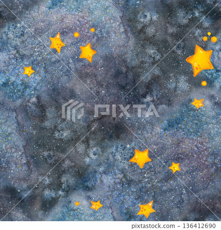 Seamless pattern, outer space and stars. Watercolor illustration drawn by hand. Cosmic, space, universe. Design for textiles, paper, invitations, scrapbooking Seamless pattern, outer space and stars. Watercolor illustration drawn by hand. Cosmic, space, universe. Design for textiles, paper, invitations, scrapbooking 136412690