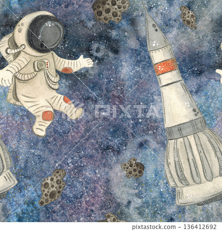 Seamless pattern, outer space in which an astronaut, a rocket and meteorites fly. Watercolor illustration drawn by hand. Cosmic, space, rocket, astronaut, meteorite, universe Seamless pattern, outer space in which an astronaut, a rocket and meteorites fly. Watercolor illustration drawn by hand. Cosmic, space, rocket, astronaut, meteorite, universe 136412692
