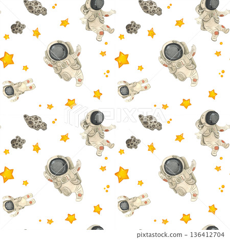 Seamless pattern with astronauts, stars and meteorites. Hand drawn watercolor illustration, cartoon. Drawing for textile, paper, invitations, scrapbooking Seamless pattern with astronauts, stars and meteorites. Hand drawn watercolor illustration, cartoon. Drawing for textile, paper, invitations, scrapbooking 136412704