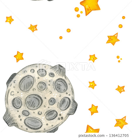 Seamless pattern, outer space in which the moon and stars fly. Hand drawn watercolor illustration. Space, outer space, universe, moon, star. Drawing for textile, paper, invitations, scrapbooking 136412705