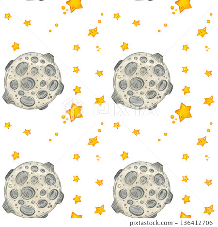 Seamless pattern, outer space in which the moon and stars fly. Hand drawn watercolor illustration. Space, outer space, universe, moon, star. Drawing for textile, paper, invitations, scrapbooking Seamless pattern, outer space in which the moon and stars fly. Hand drawn watercolor illustration. Space, outer space, universe, moon, star. Drawing for textile, paper, invitations, scrapbooking 136412706