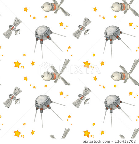 Seamless pattern, outer space and satellites flying. Watercolor illustration drawn by hand. Cosmic, space, satellite, universe. Drawing for textile, paper, invitations, scrapbooking Seamless pattern, outer space and satellites flying. Watercolor illustration drawn by hand. Cosmic, space, satellite, universe. Drawing for textile, paper, invitations, scrapbooking 136412708