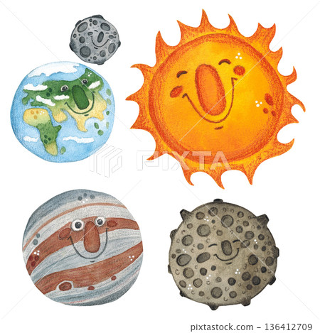 Watercolor set of cartoon characters, hand drawn, space theme, planets. Sun, Earth, Moon, Mercury, Jupiter. Design for textiles, paper, invitations, scrapbooking 136412709