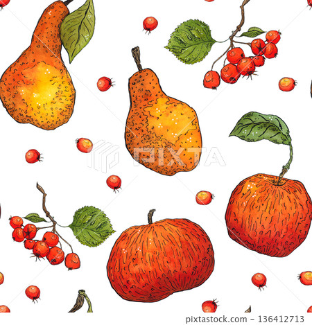 Seamless pattern of apples, pears and hawthorn berries. Hand drawn illustration with watercolor and ink. Drawing for poster, tableware, postcards, scrapbooking. Autumn, tree, vegetables, fruits 136412713