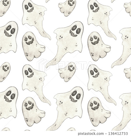 Seamless pattern for halloween from ghosts. Watercolor illustration hand drawn, cartoon. Drawing for ribbons, invitations, banner. October, halloween, holiday, ghost, fun Seamless pattern for halloween from ghosts. Watercolor illustration hand drawn, cartoon. Drawing for ribbons, invitations, banner. October, halloween, holiday, ghost, fun 136412733