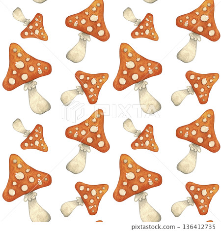 Seamless pattern for Halloween from fly agaric mushrooms. Watercolor illustration hand drawn, cartoon. Drawing for ribbons, invitations, banner. October, Halloween, holiday, fun Seamless pattern for Halloween from fly agaric mushrooms. Watercolor illustration hand drawn, cartoon. Drawing for ribbons, invitations, banner. October, Halloween, holiday, fun 136412735