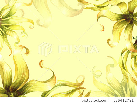 Frame with ylang-ylang flowers. Hand-drawn watercolor illustration. Border with exotic fragrant yellow flowers. For packaging, greeting and invitation cards, labels, and more. 136412781