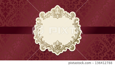 Luxurious wine red and gold decorative frame and ribbon, damask pattern label material 136412788
