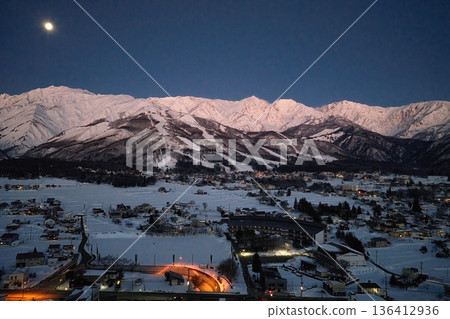 Hakuba and the setting moon before dawn, Hakuba Village, Nagano Prefecture (aerial shot by drone) Hakuba and the setting moon before dawn, Hakuba Village, Nagano Prefecture (aerial shot by drone) 136412936