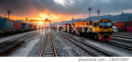 Glowing Sunset Over Global Logistics Hub with Freight Train and Container Yard 136413097