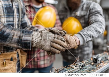 Diverse Hands of Workers Coming Together to Promote Unity and Cooperation in Industry Diverse Hands of Workers Coming Together to Promote Unity and Cooperation in Industry 136413098