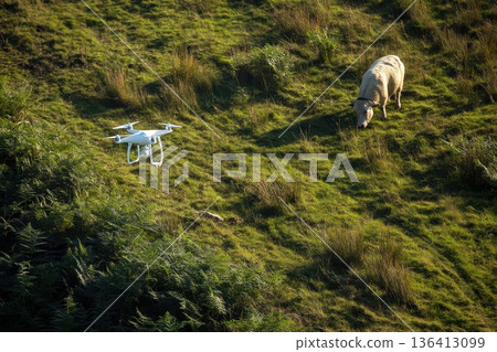 Drone Hovering Above Green Field with Sheep Grazing in Peaceful Rural Landscape Drone Hovering Above Green Field with Sheep Grazing in Peaceful Rural Landscape 136413099
