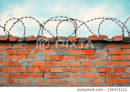 Grey Sky Above Red Brick Wall with Barbed Wire Fence on Top of Brick Structure 136413112