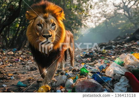 Majestic Lion Walking Cautiously Through Terrain Littered with Abandoned Plastic Waste Majestic Lion Walking Cautiously Through Terrain Littered with Abandoned Plastic Waste 136413118