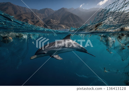 Dolphin Leaps from Water Surrounded by Drifting Plastic and Marine Debris, Beautiful Landscape 136413128