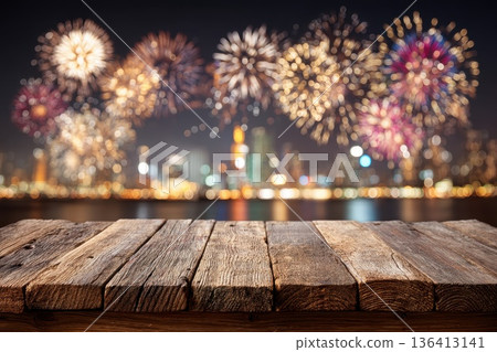 Detailed Close-up of Wooden Table Against Blurred Fireworks Background at Night Detailed Close-up of Wooden Table Against Blurred Fireworks Background at Night 136413141