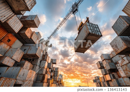 Construction Site with Crane Lifting Shipping Containers Under Dramatic Sunset Sky 136413143