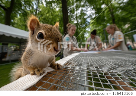 Squirrel Sitting on Soft Cloth with Veterinarians Working in the Background during Wildlife Care 136413166
