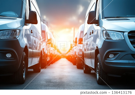 Panoramic View of Logistics Fleet with Delivery Vans at Sunrise in Urban Setting 136413176