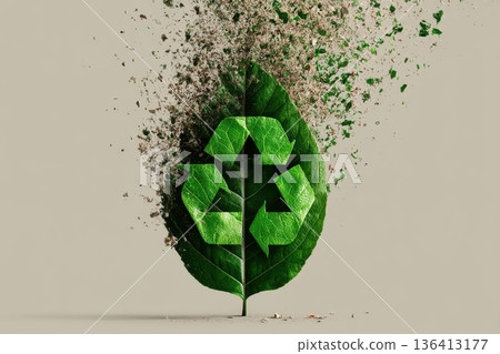 Green Leaf with Recycling Symbol in Minimalist Style and Organic Elements for Eco-Friendly Designs 136413177