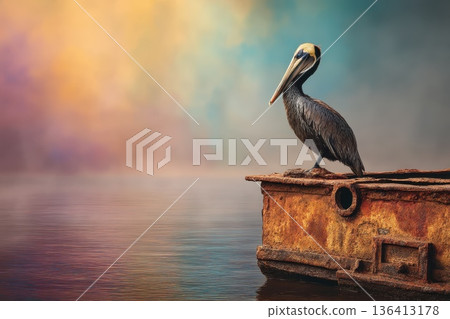 Pelican Stands Majestically on Rusted Beam Jutting from Calm Water at Sunset 136413178