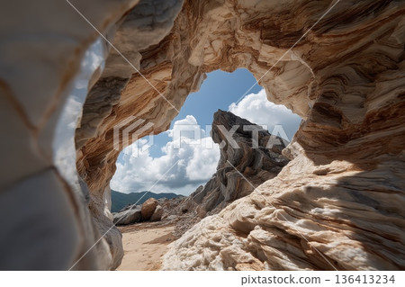 Closeup of Unique White Marble Texture Framed by Natural Elements Under Bright Blue Sky Closeup of Unique White Marble Texture Framed by Natural Elements Under Bright Blue Sky 136413234