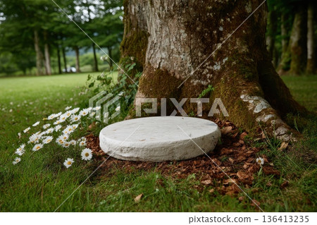 Circular Marble Pedestal Resting Under a Large Oak Tree Surrounded by Green Grass and Flowers Circular Marble Pedestal Resting Under a Large Oak Tree Surrounded by Green Grass and Flowers 136413235