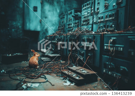 Abandoned Machinery with a Rabbit in a Tangled Environment of Dashes and Past Remnants Abandoned Machinery with a Rabbit in a Tangled Environment of Dashes and Past Remnants 136413239