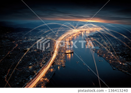 Elevated Perspective Showing Global Trade Network in Urban Landscape with Light Trails Elevated Perspective Showing Global Trade Network in Urban Landscape with Light Trails 136413240
