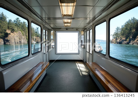 Empty Billboard Displayed Inside Ferry Boat with Scenic Water View and Wooden Benches 136413245