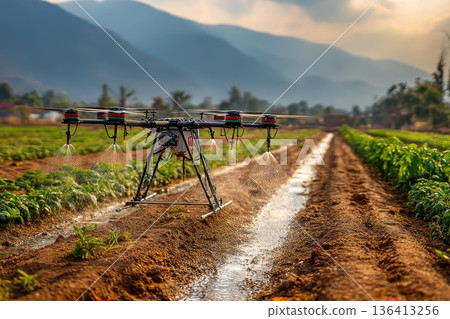 Farmer Using Drone for Efficient Irrigation in Organic Crop Field at Sunset in Rural Landscape Farmer Using Drone for Efficient Irrigation in Organic Crop Field at Sunset in Rural Landscape 136413256