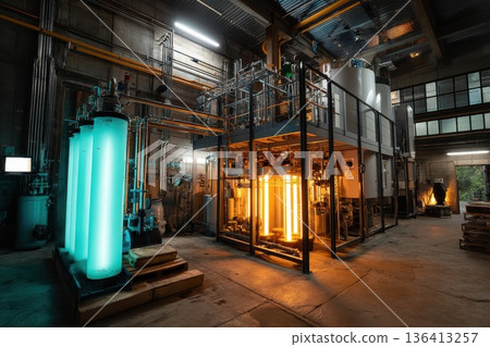 Futuristic Water Purification Station with Modern Technology and Bright Lighting Effects Futuristic Water Purification Station with Modern Technology and Bright Lighting Effects 136413257