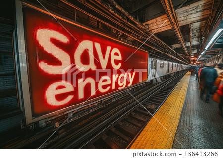 Digital screen reminder to save energy in busy subway station during rush hour commute Digital screen reminder to save energy in busy subway station during rush hour commute 136413266