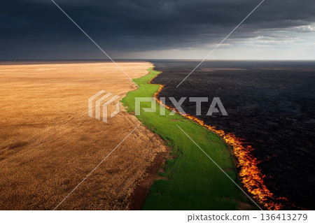 Dried Field Partially Consumed by Wildfire Showing Contrast Between Land and Flames Dried Field Partially Consumed by Wildfire Showing Contrast Between Land and Flames 136413279