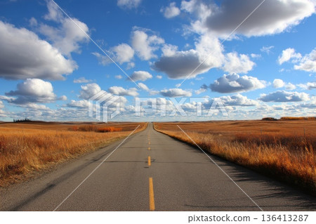 Endless Two-Lane Highway Through a Wide Prairie Under a Beautiful Cloudy Sky Endless Two-Lane Highway Through a Wide Prairie Under a Beautiful Cloudy Sky 136413287