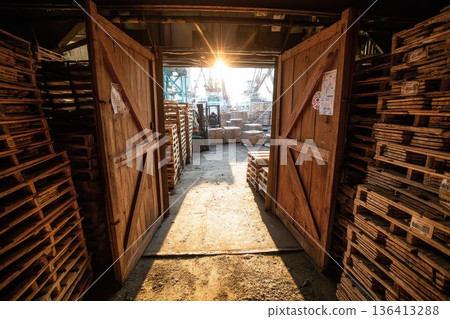 Golden Hour Evening Scene with Open Doors at a Warehouse Surrounded by Wooden Pallets 136413288