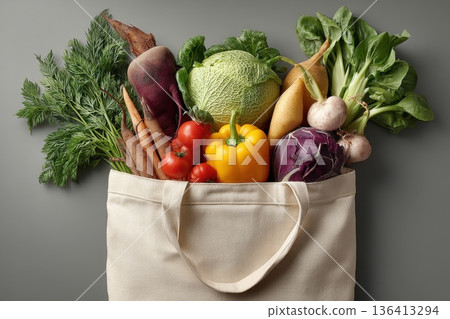 Fresh Vegetables in Eco-Friendly Single Reusable Shopping Bag on Gray Background Fresh Vegetables in Eco-Friendly Single Reusable Shopping Bag on Gray Background 136413294
