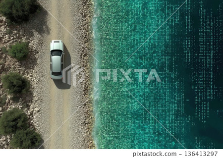 Vehicle on Coastal Road Along Ocean with Reflective Surface Under Bright Sunlight 136413297