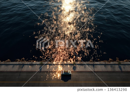 Serene Coastal Road with Vehicle Overlooking Sparkling Ocean Surface at Sunset 136413298